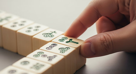 Close up of a hand holding a mahjong tile, a game of skill, strategy and calculation that originated in China. Traditional Chinese board game. Gambling and leisure.の素材