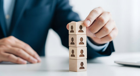 Human resource management and recruitment concept with wooden blocks. Concept of team, employee, staff, worker, candidate, job, career, and opportunity.の素材