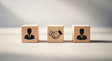 Wooden cube blocks display a business deal icon, symbolizing partnership and cooperation. This image represents agreement, collaboration, and teamwork for success.の素材