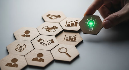 Hand putting wooden jigsaw puzzle with light bulb icon. Business solutions, success and strategy concept. Innovation and creative idea. Isolated on white.の素材