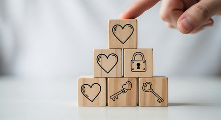 Close-up of wooden blocks with heart, lock and key icons stacked on a white table. Concept of love, security, protection, privacy and access control.の素材
