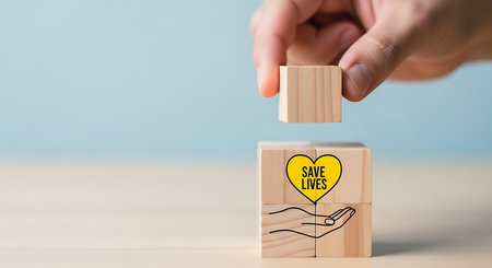 Hand putting wooden block on top with heart and save lives icon on blue background. Concept of donation, blood donor, health care, and charity. Together we save lives.の素材