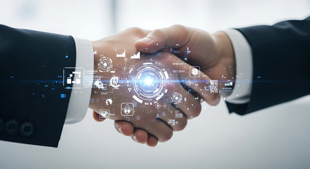 Two businessmen shake hands, surrounded by digital technology icons, representing a successful partnership built on trust, collaboration, and innovative solutions.の素材