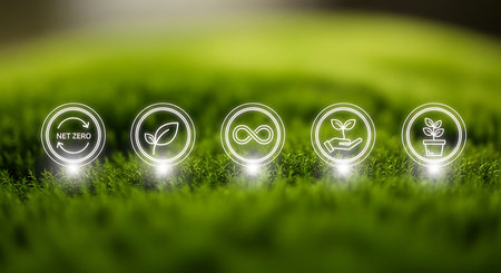 Icons of sustainability displayed on a green moss background, representing the concept of a circular economy, environmental responsibility, and sustainable development for the future.の素材