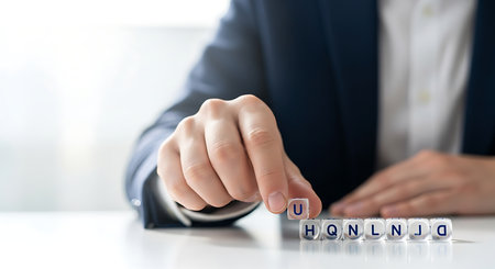 A businessman is spelling the word solution with letter cubes. He is wearing a suit and sitting at a desk. The background is white. Business concept.の素材