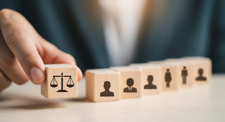 Hand arranging wooden blocks with justice scale and human icon on table. Concept of justice, law, equality, fairness, and human rights. Business and government.の素材
