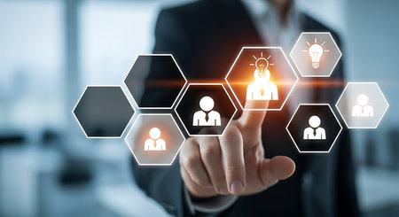A businessman is touching a virtual screen with icons of human resources management. Concept of recruitment, talent search, career growth, and human capital management.の素材
