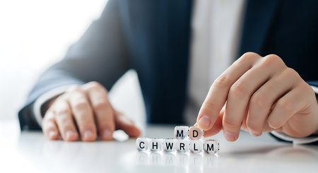 A businessman arranging cube letters to form the word MD. Symbolizes business strategy, planning, and communication for success and achievement in corporate world.の素材