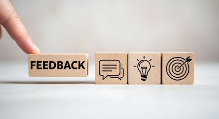 Feedback concept with wooden blocks and icons. This image represents the importance of customer feedback for business improvement and success. Isolated on white.の素材