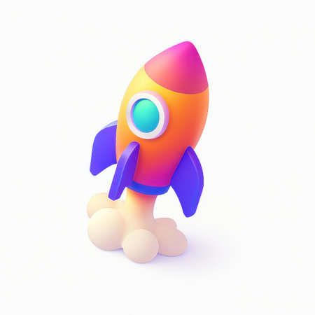 A vibrant and colorful cartoon rocket ship blasting off with smoke trails isolated on white backgroundの素材