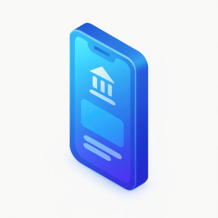Modern blue smartphone displaying a digital banking application with a classic bank building icon isolated on white backgroundの素材