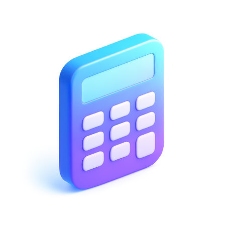 A modern gradient colored calculator with a digital display and buttons isolated on white backgroundの素材