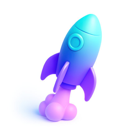 A vibrant cartoon style rocket ship blasting off with colorful smoke trails isolated on white backgroundの素材