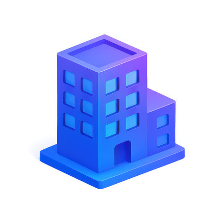Stylized blue isometric building with glowing windows isolated on white background for architectural or business conceptsの素材