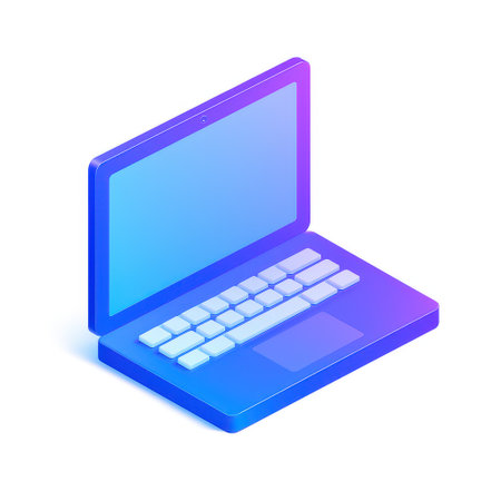 Modern isometric laptop computer with a vibrant blue and purple gradient display isolated on white backgroundの素材