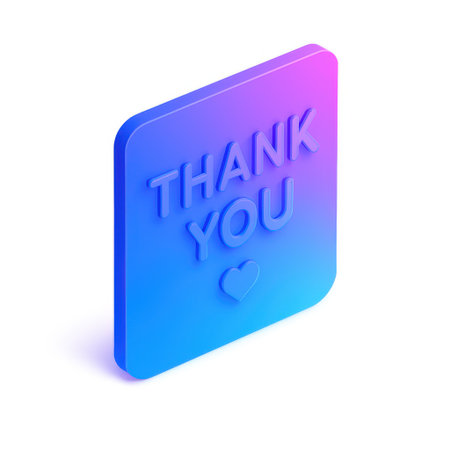 3d embossed thank you message on a blue and purple gradient square button isolated on white backgroundの素材