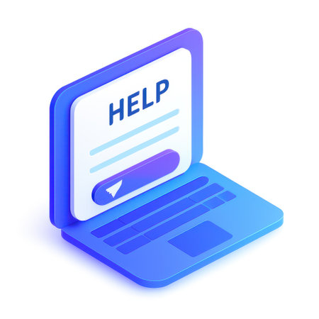 Isometric illustration of a laptop computer screen displaying the word help and a button isolated on white backgroundの素材