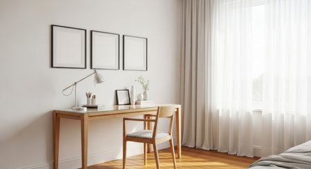 A bright and airy home office features a wooden desk with a lamp, chair, and framed artwork on the wall. The room is bathed in natural light from a large window.の素材