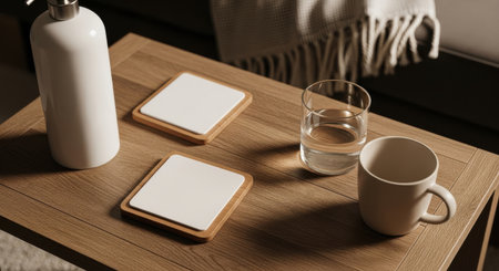 A cozy home scene featuring drinkware and coasters on a wooden table. The warm light and neutral tones create a relaxing atmosphere, perfect for showcasing products.の素材