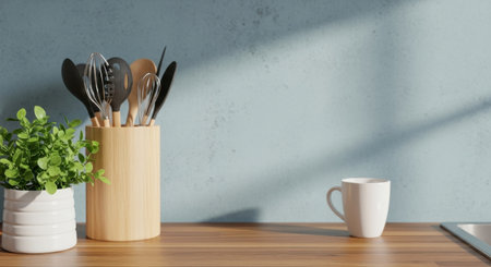 A bright kitchen scene featuring utensils in a holder, a mug, and a plant on a wooden counter against a blue wall. The scene is clean, modern and minimal.の素材