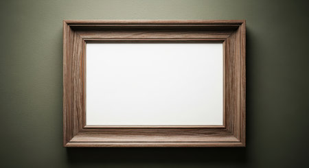 A blank wooden frame hangs on a dark green wall, ready for your picture. This is a perfect mockup to display your artwork, photos, or designs. High-quality image.の素材