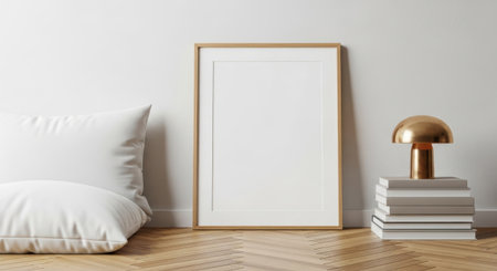 A blank frame mockup with a pillow and a lamp. Perfect for showcasing your artwork or designs. The image is isolated on a white background, providing a clean and modern look.の素材