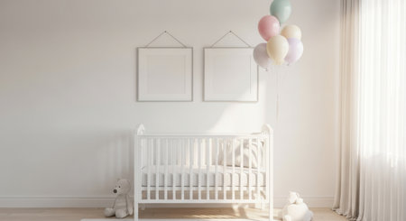 A bright and airy baby room featuring a crib, balloons, and empty frames on a white wall. The soft colors and minimalist design create a calming and inviting atmosphere.の素材