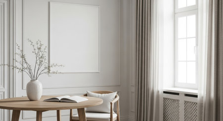 An elegant dining room featuring a blank canvas, a round table, and a window with curtains, creating a sophisticated and inviting atmosphere for dining.の素材