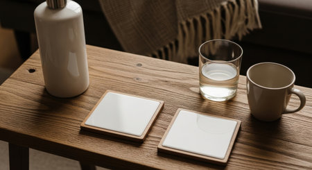 A wooden table showcases a water bottle, glass, mug, and coasters, creating a minimalist and inviting scene, perfect for showcasing everyday essentials in a home setting.の素材