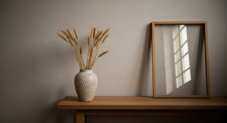A minimalist interior featuring a blank frame mockup on a wooden table, complemented by a vase of wheat, creating a serene and modern home decor aesthetic.の素材
