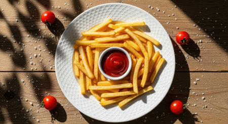 Golden french fries served with ketchup in a white bowl on a wooden table with cherry tomatoesの素材