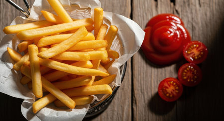 Golden brown french fries in a basket with fresh sliced tomatoes and a ketchup bottle on a rustic wooden surfaceの素材
