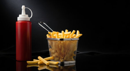 Crispy golden french fries in a metal basket with a red sauce bottle against a dark backgroundの素材