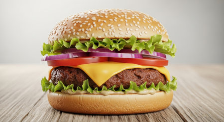 Delicious juicy beef burger with melted cheddar cheese lettuce tomato and red onion on a sesame seed bunの素材