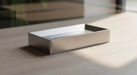 Modern minimalist brushed metal rectangular desk organizer for office supplies and stationery on a light wood surfaceの素材