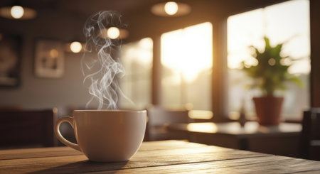 Steaming hot coffee cup on a wooden table bathed in warm golden sunlight from a windowの素材