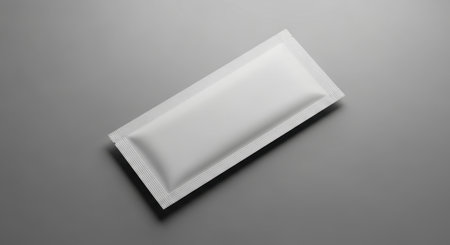 Blank white sachet packet with sealed edges on a plain gray background isolated and cleanの素材