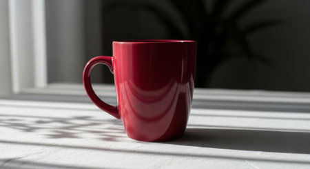 A tall glossy red ceramic mug sits on a white surface bathed in dappled sunlight and shadowの素材