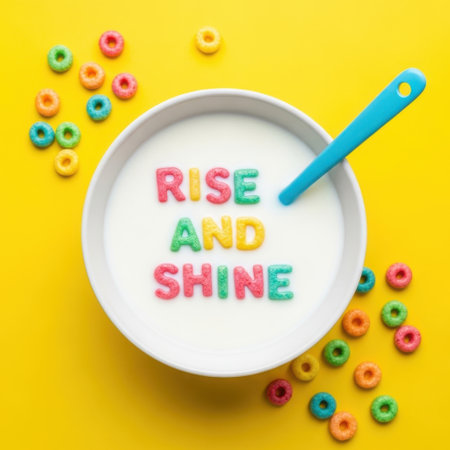 Colorful cereal rings spell out rise and shine in a bowl of milk with a spoon on a bright yellow backgroundの素材