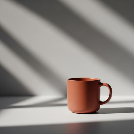 Warm terracotta mug casting a shadow on a white surface with diagonal light patternsの素材