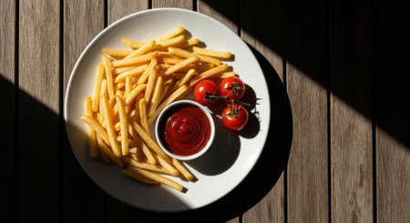 Golden french fries served with ketchup and roasted cherry tomatoes on a rustic wooden tableの素材