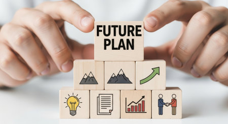 Hands holding wooden blocks spelling future plan with business icons representing growth and successの素材