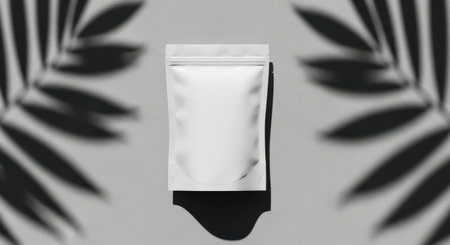 Blank white stand up pouch with zipper closure casting a shadow with tropical leaf shadows on a light gray backgroundの素材