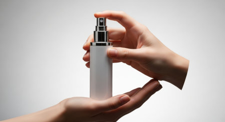 Close up of a person s hands holding and spraying a white cosmetic bottle with a silver capの素材