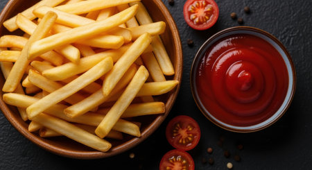 Crispy golden french fries served in a wooden bowl with a side of rich red tomato ketchup dipの素材