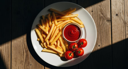 Golden french fries served with ketchup and cherry tomatoes on a rustic wooden tableの素材