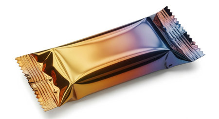 A shiny candy bar in a colorful foil wrapper is isolated on a white background. The wrapper is crinkled and reflects light. The candy bar is a sweet treat or snack.の素材
