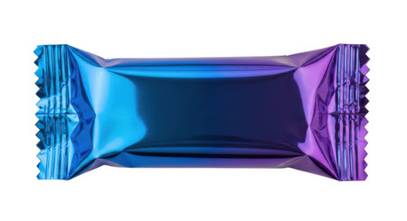 A shiny blue and purple candy bar wrapper isolated on a white background. The wrapper is empty and ready for your design. Perfect for showcasing your product.の素材