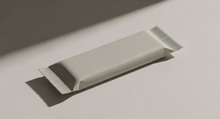 A blank flow pack mockup rests on a beige surface, casting a subtle shadow, ideal for showcasing minimalist and modern food or product packaging designs.の素材