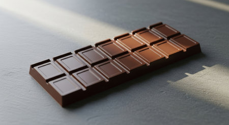 A dark chocolate bar on a gray surface. Perfect for a sweet treat, dessert, or snack. Studio shot, nobody, close up. The chocolate bar is unwrapped and ready to eat.の素材